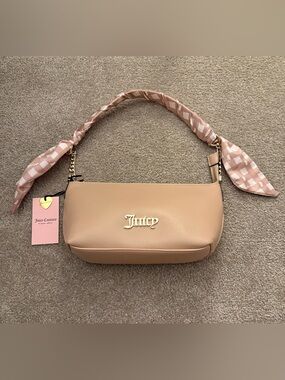 Juicy Couture Small Beige Shoulder Bag Purse Logo Zip Gold Exclusive Tan Y2K